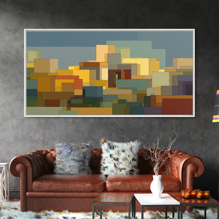 Abstract City Blocks In Muted Teal And Ochre Wall Art, Mid Century Modern Print, Geometric Home Decor, Living Room Artwork