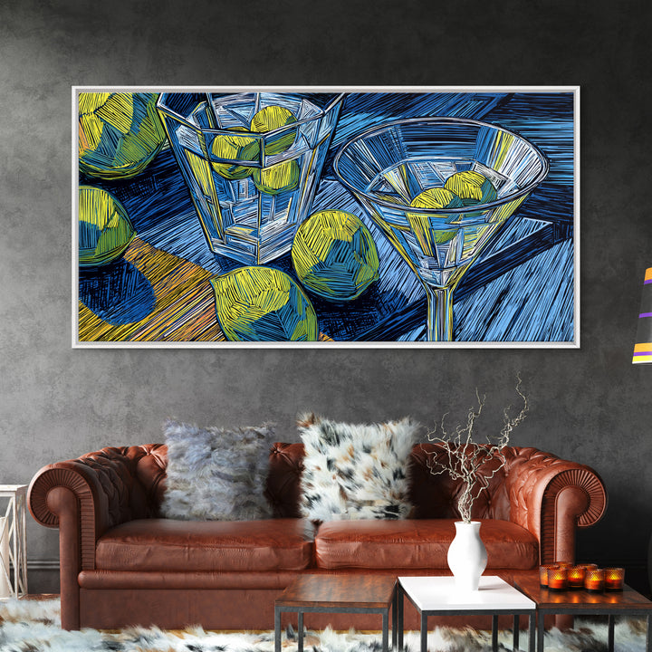 Blue Linocut Martini Glasses With Limes Canvas Print, Retro Cocktail Wall Decor, Bar Cart Art Print, Kitchen Poster Gift