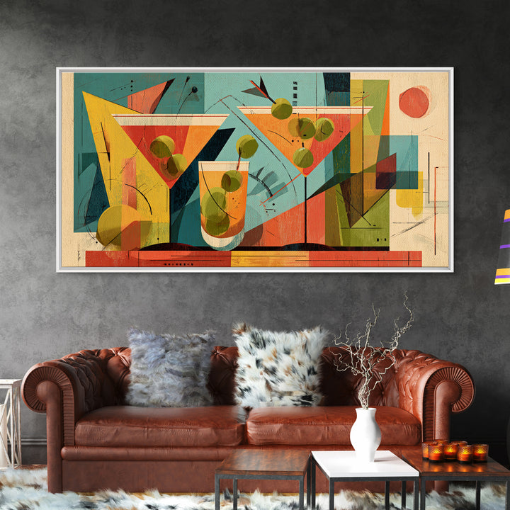 Midcentury Martini Glasses And Olives Wall Art, Atomic Cocktail Poster Print, Retro Bar Decor, Geometric Modern Home Decor