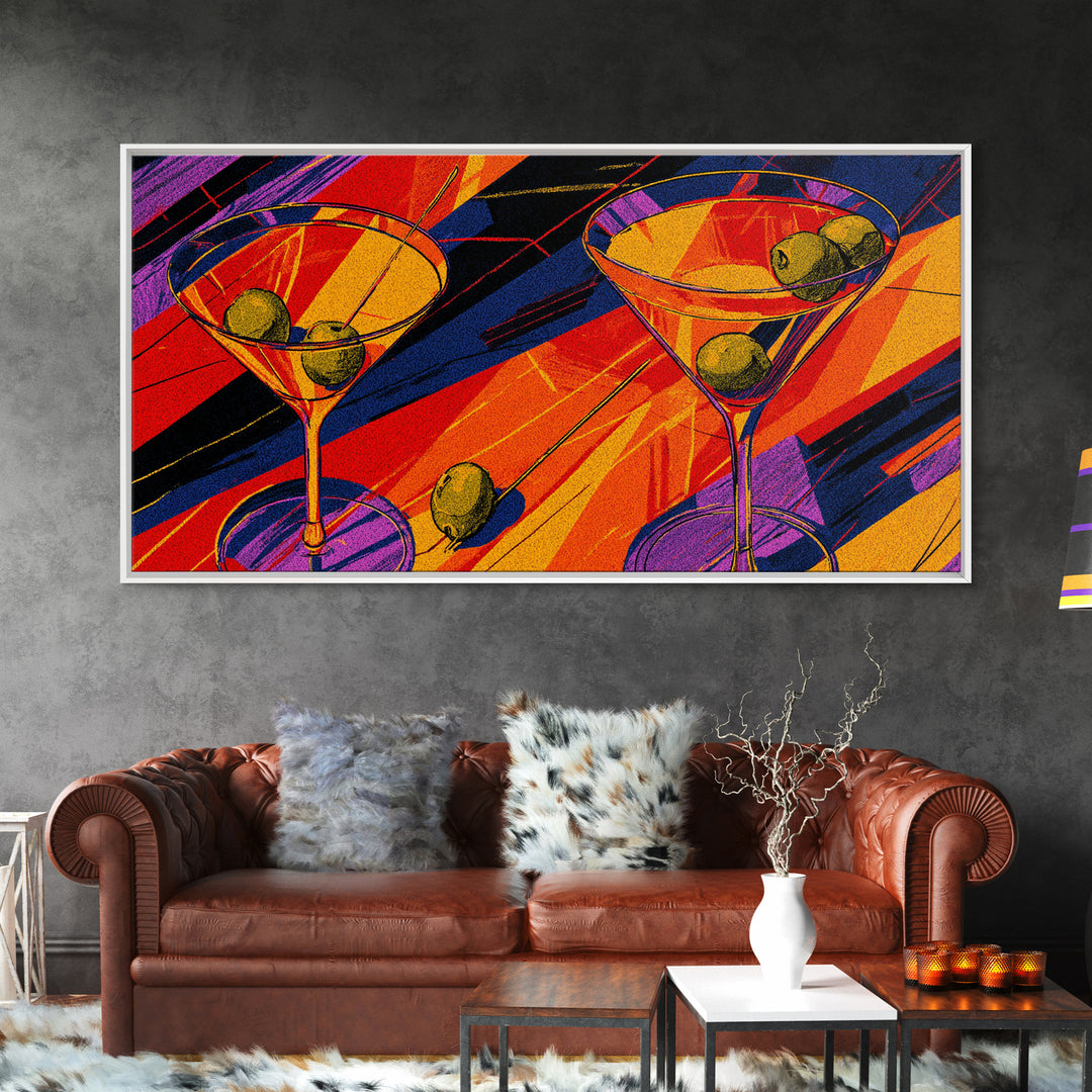 Bold Pop Art Martini Glasses With Olives Canvas Print, Retro Cocktail Poster, Colorful Bar Cart Decor, Modern Kitchen Wall Art