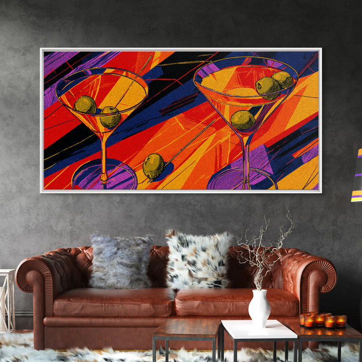 Bold Pop Art Martini Glasses With Olives Canvas Print, Retro Cocktail Poster, Colorful Bar Cart Decor, Modern Kitchen Wall Art