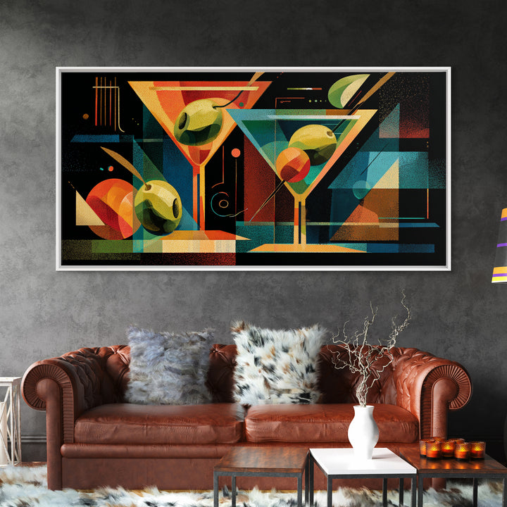 Bauhaus Martini Glasses And Green Olives Framed Canvas Print, Mid Century Modern Bar Wall Decor, Atomic Cocktail Art Print