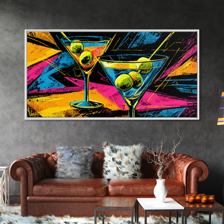 Neon Martini Glasses With Olives Canvas Print, Retro Bar Art, Vibrant Cocktail Poster, Funky Wall Decor For Kitchen Lounge