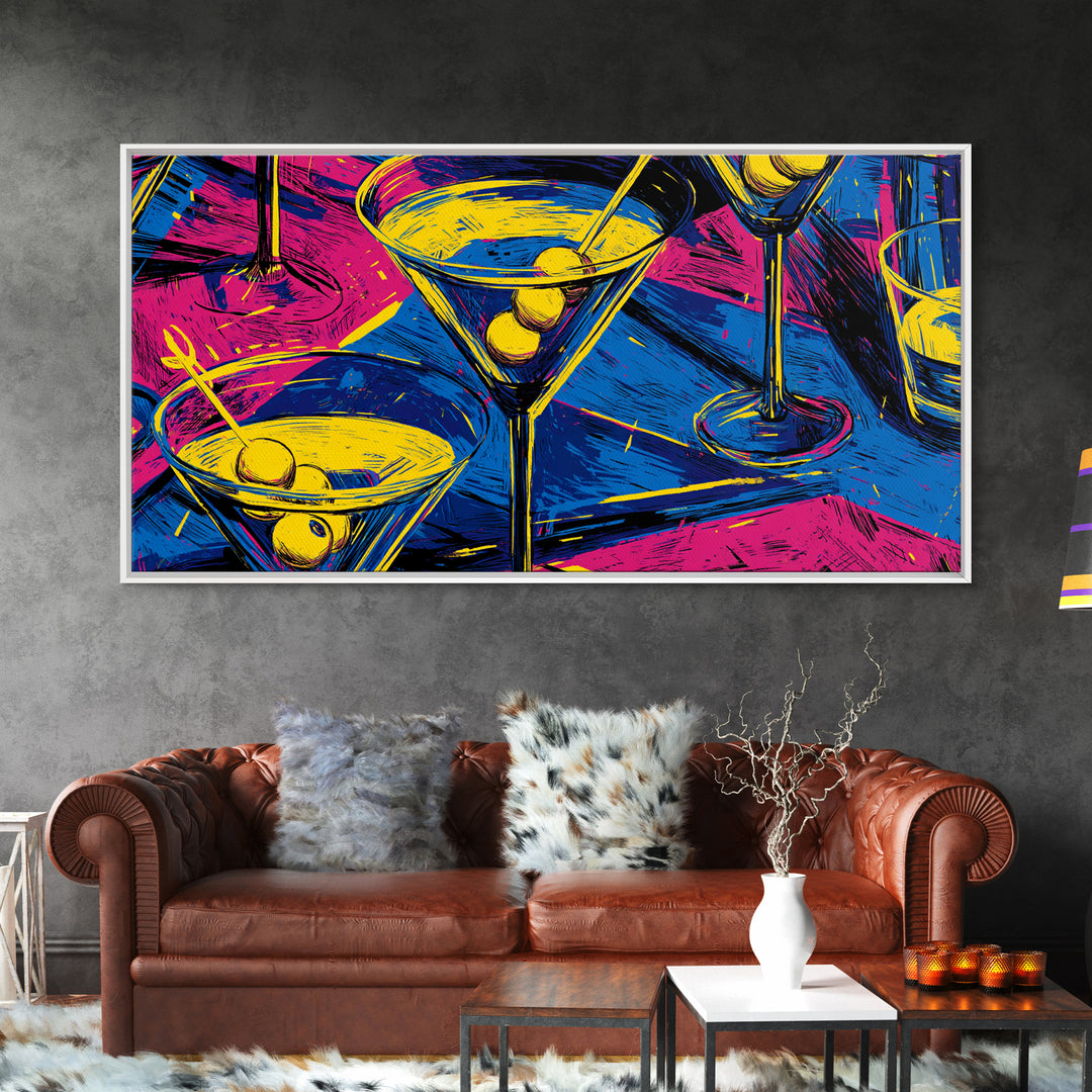Electric Neon Martini Glasses And Olives Wall Art, Pop Art Cocktail Poster, Retro Bar Cart Decor, Colorful Kitchen Art Print