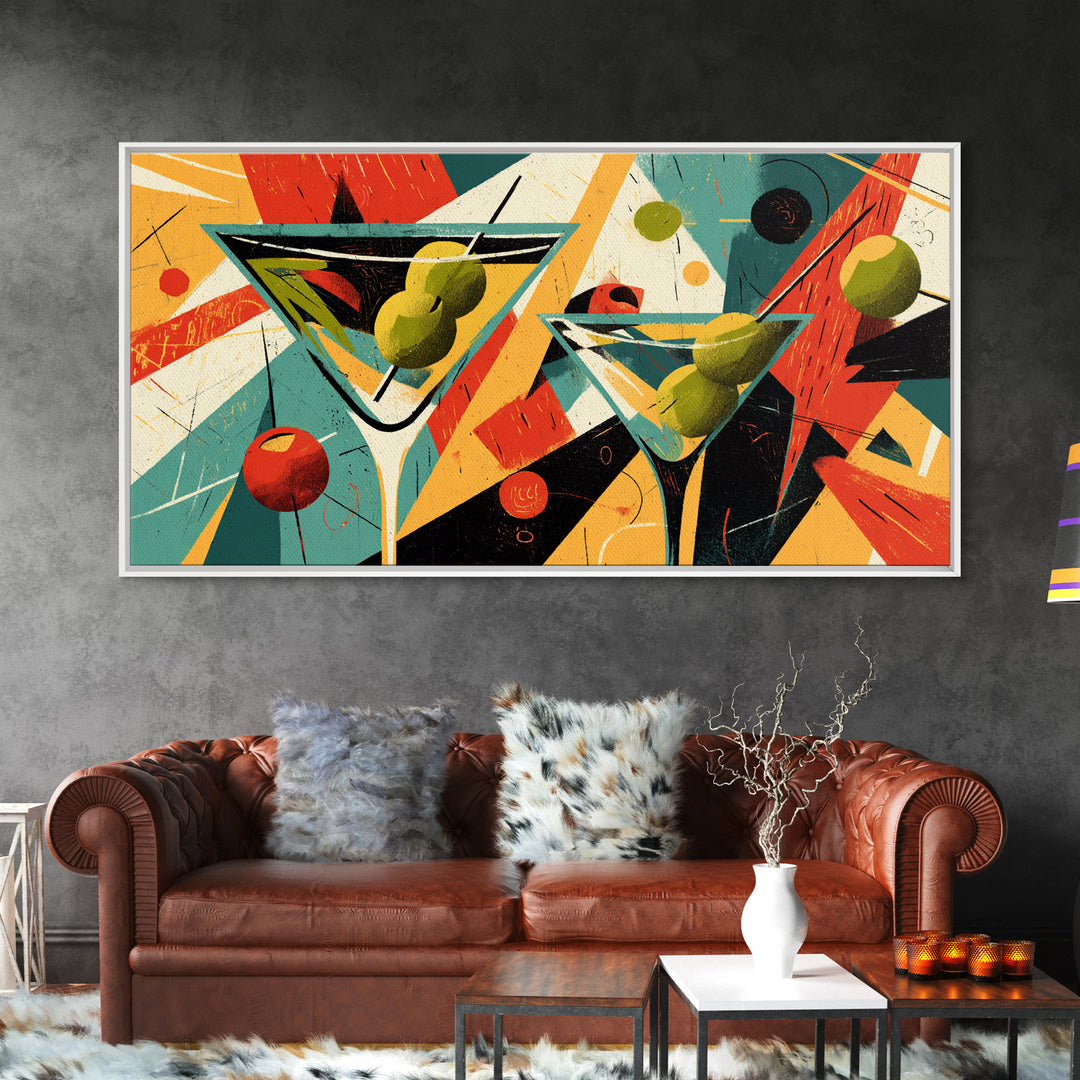 Retro Martini Glasses With Olives And Oranges Wall Art, Midcentury Modern Cocktail Poster, Atomic Bar Decor, Kitchen Art Print