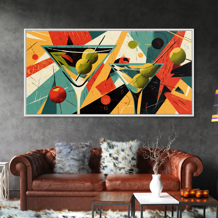 Retro Martini Glasses With Olives And Oranges Wall Art, Midcentury Modern Cocktail Poster, Atomic Bar Decor, Kitchen Art Print