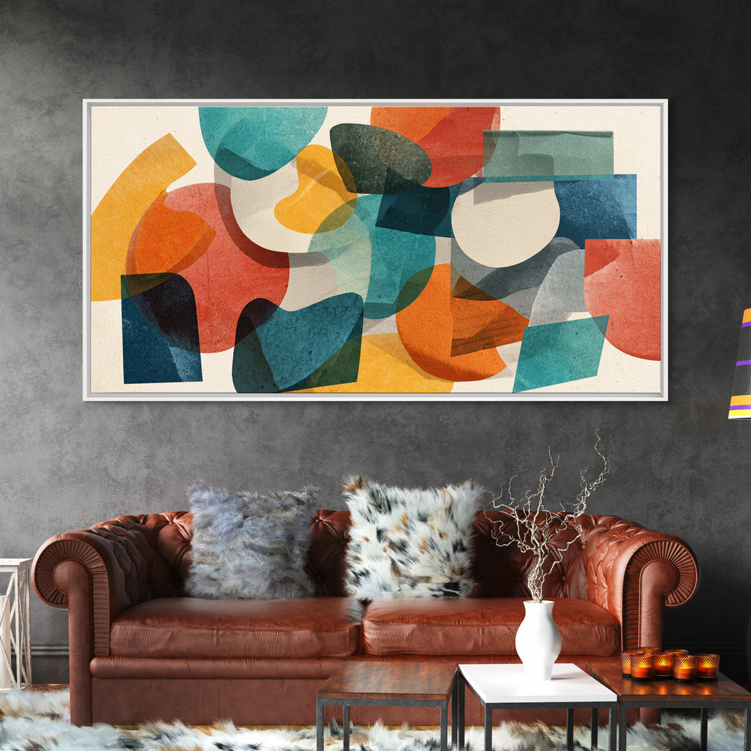 Transparent Organic Shapes Wall Art, Teal Orange Abstract Mid Century Modern Decor, Geometric Bauhaus Canvas Print For Home