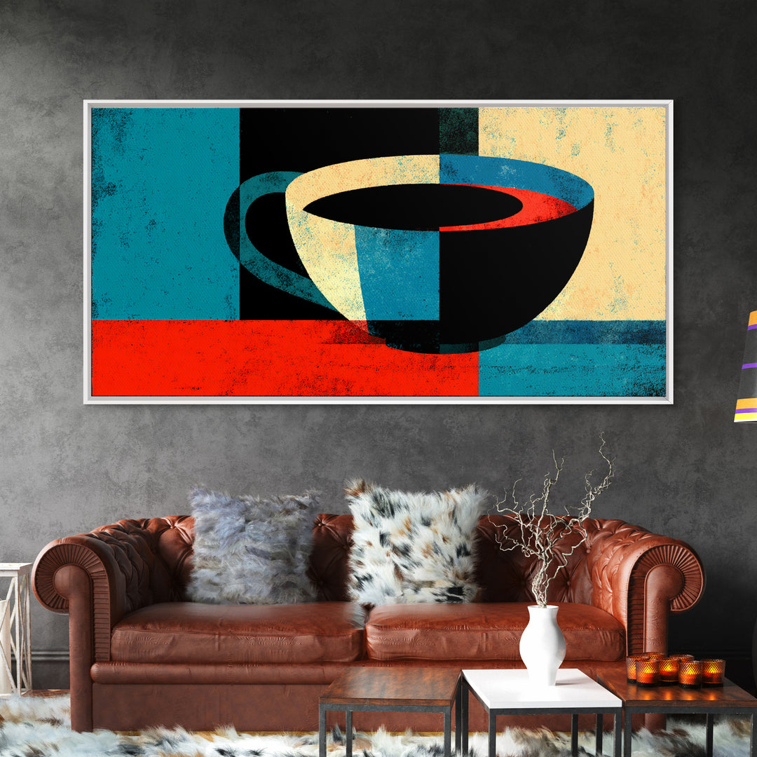 Modern Abstract Coffee Cup In Teal And Red Wall Art, Mid Century Kitchen Decor, Minimalist Coffee Poster, Bold Geometric Print