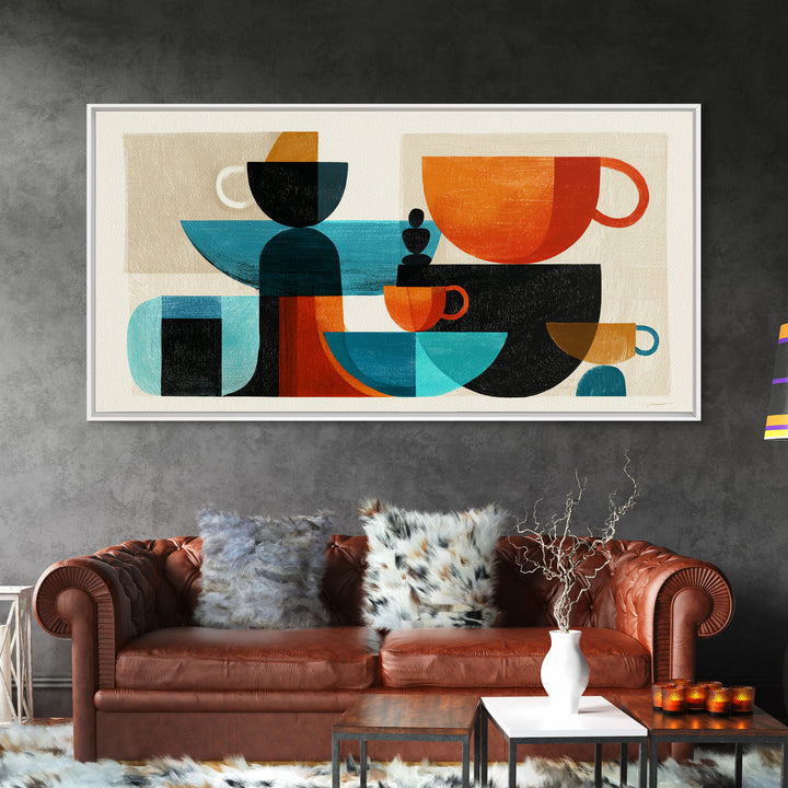 Geometric Coffee Cups Still Life Canvas Print, Midcentury Modern Kitchen Decor, Retro Cafe Wall Art, Teal Orange MCM Poster