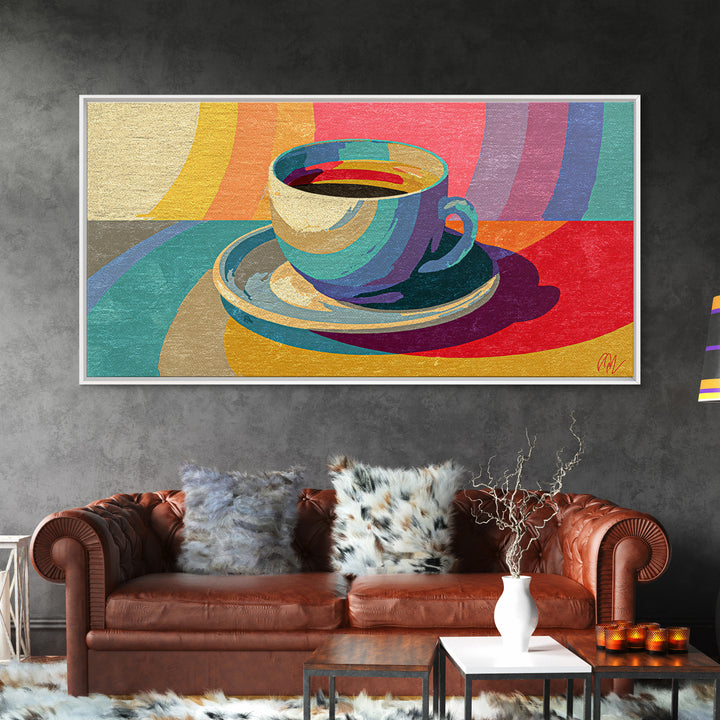 Rainbow Coffee Cup And Saucer Canvas Print, Retro Kitchen Wall Art, Colorful Midcentury Poster, Bright Cafe Home Decor Print