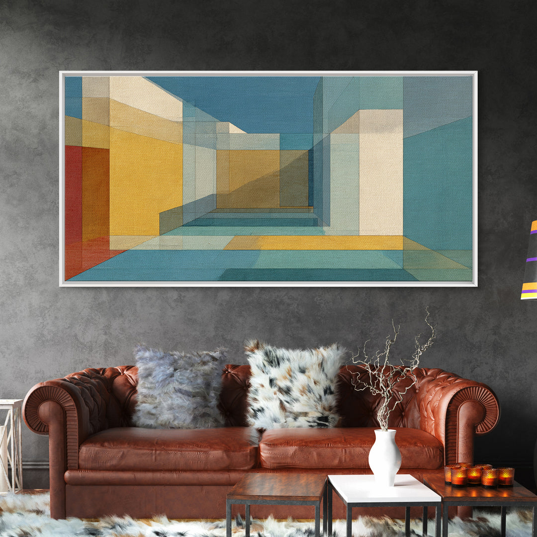 Abstract Desert Passage Wall Art, Geometric Architecture Canvas Print, Midcentury Modern Decor, Teal Gold Perspective Poster