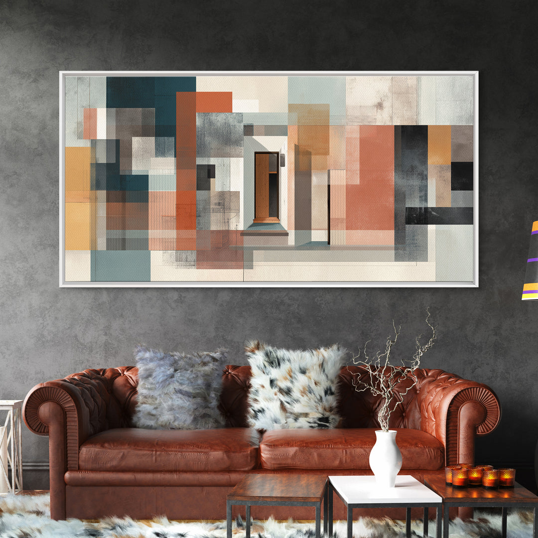 Abstract Doorway Facade Canvas Print, Bauhaus Architecture Wall Art, Midcentury Modern Decor, Rust Teal Office Poster Print