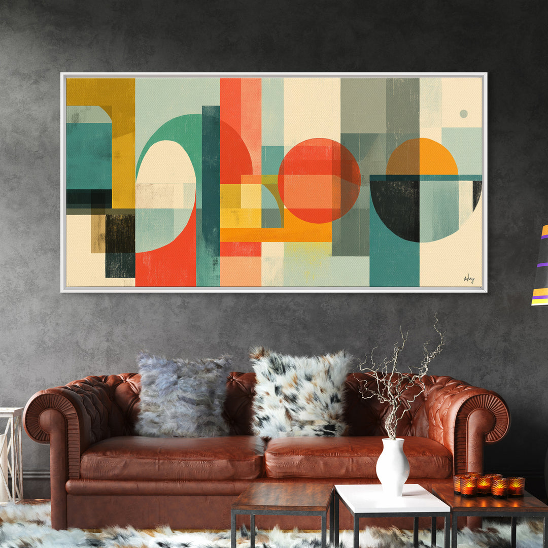 Retro Geometric Shapes Wall Art, Midcentury Modern Canvas Print, Abstract Circles Arches, Teal Orange Mustard Home Decor