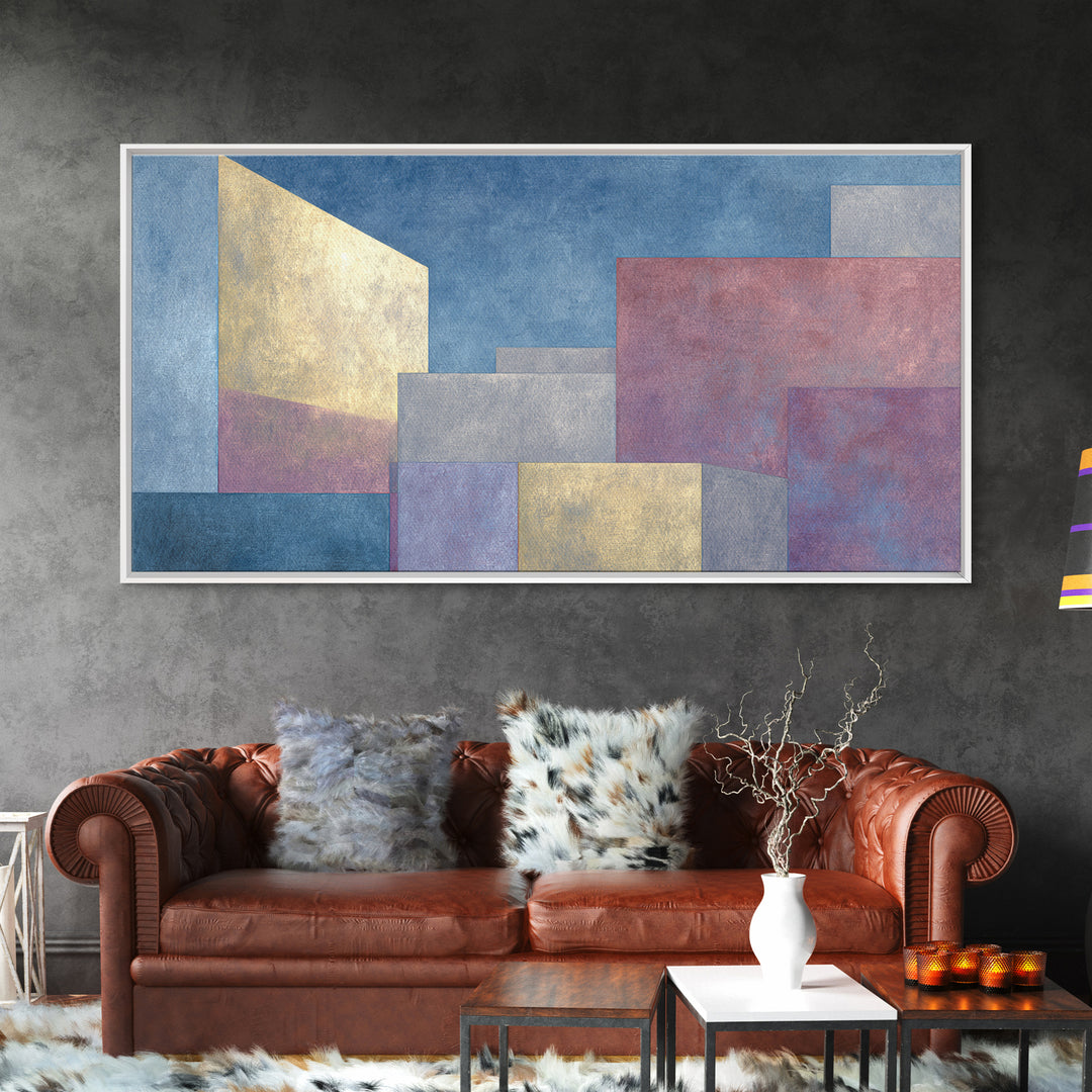 Pastel Architectural Blocks Wall Art, Minimal Geometric Modern Decor, Blue Purple Abstract Framed Canvas Print For Office