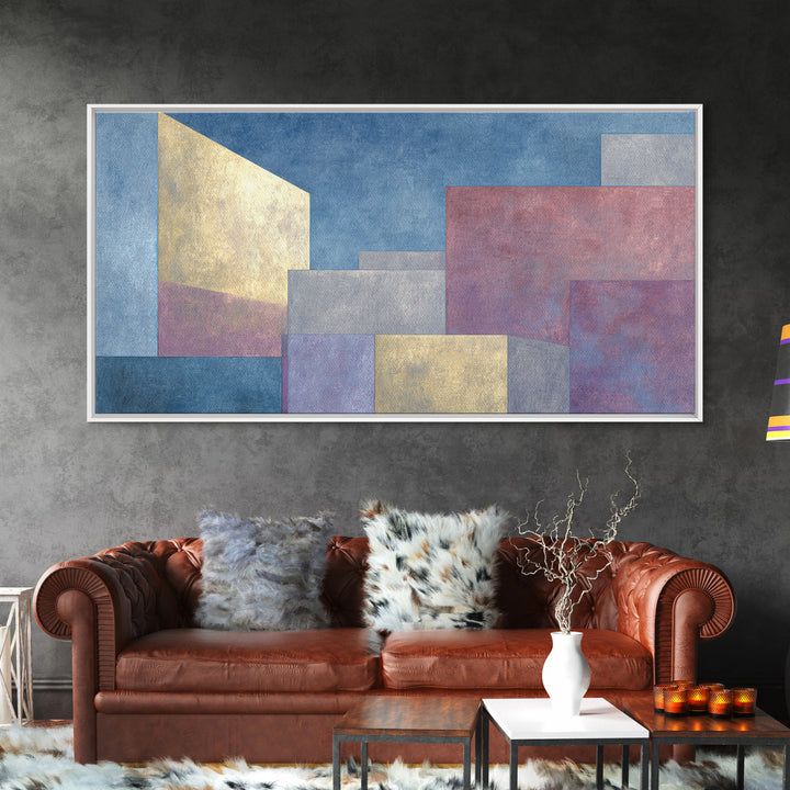 Pastel Architectural Blocks Wall Art, Minimal Geometric Modern Decor, Blue Purple Abstract Framed Canvas Print For Office