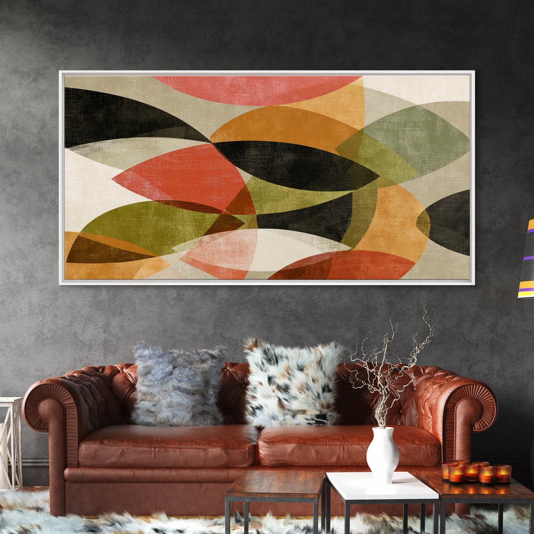 Layered Olive Red And Orange Abstract Leaves Wall Art, Midcentury Modern Art Print, Retro Geometric Decor For Living Room
