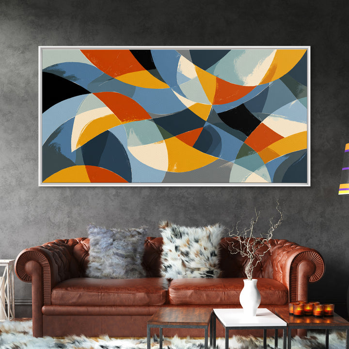 Blue Orange And Golden Crescent Geometry Wall Art, Midcentury Modern Abstract Art Print, Retro MCM Decor For Office And Home