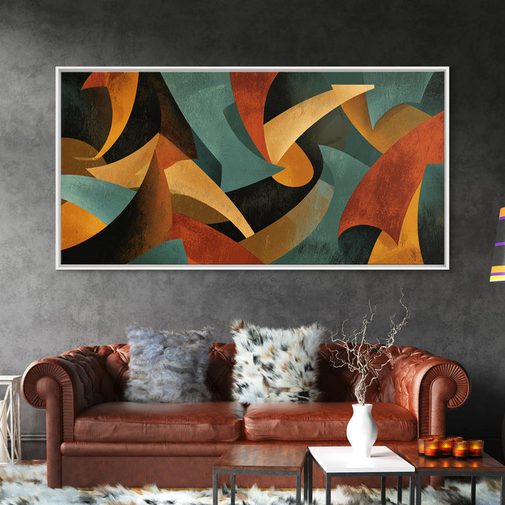 Burnt Orange Teal And Black Sweeping Forms Framed Canvas Print, Midcentury Modern Wall Art, Abstract Retro Decor For Living Room