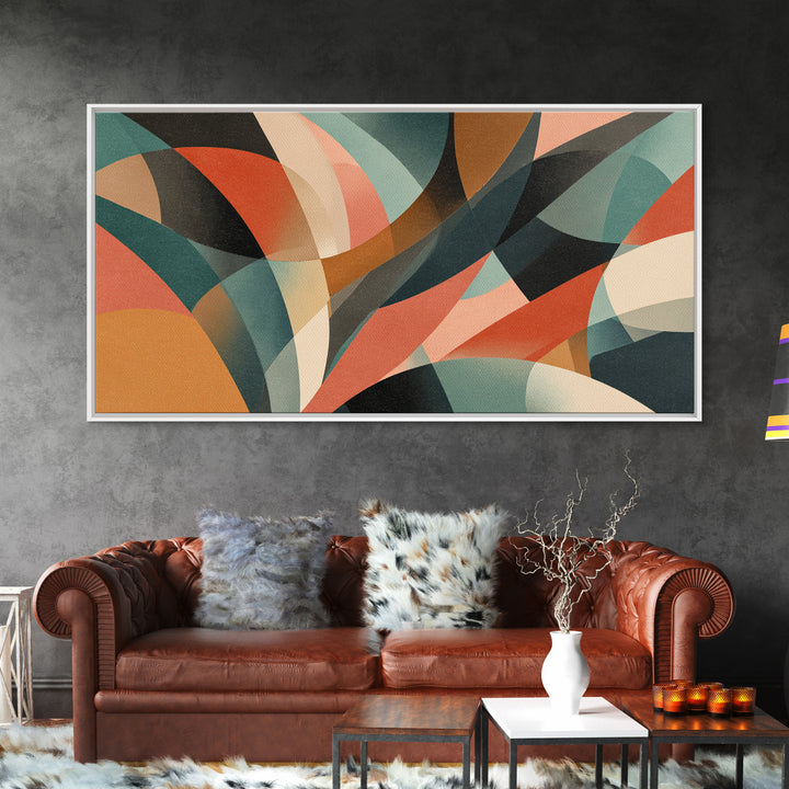 Coral Teal Rust And Cream Layered Curves Wall Art, Midcentury Modern Abstract Art Print, Retro Geometric Home Decor For Bedroom