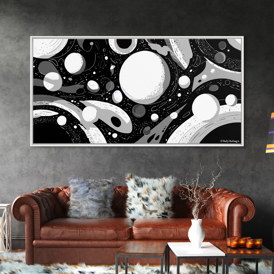 Black White And Gray Cosmic Bubbles Wall Art, Modern Abstract Art Print, Retro Sci Fi Space Decor For Office Or Game Room
