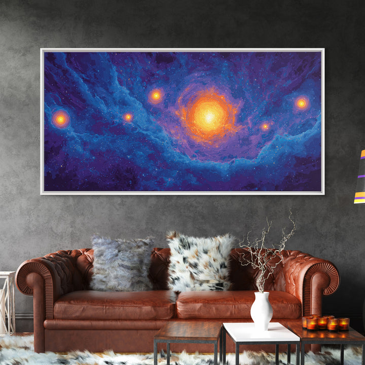 Glowing Blue Galaxy Nebula With Orange Stars Wall Art, Modern Abstract Art Print, Cosmic Retro Poster, Living Room Decor