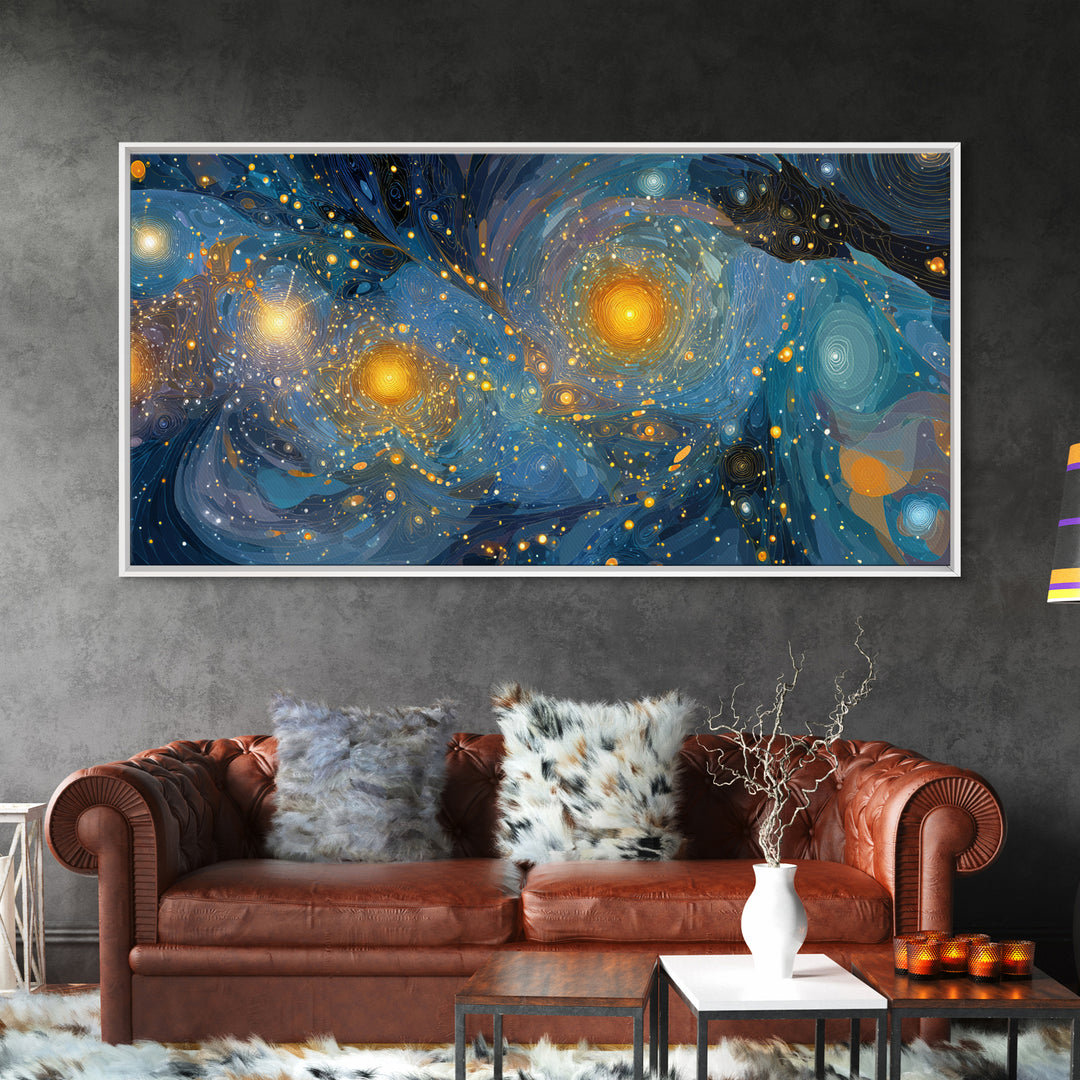Swirling Starry Blue And Gold Galaxy Framed Canvas Print, Modern Wall Art, Abstract Poster, Celestial Living Room Decor Prints