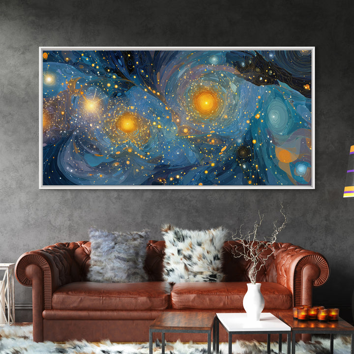 Swirling Starry Blue And Gold Galaxy Framed Canvas Print, Modern Wall Art, Abstract Poster, Celestial Living Room Decor Prints