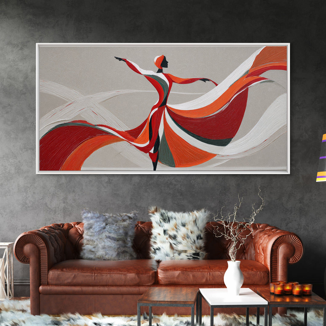 Flowing Red Orange Dancer With Ribbon Framed Canvas Print, Modern Wall Art, Abstract Painting, Statement Living Room Decor