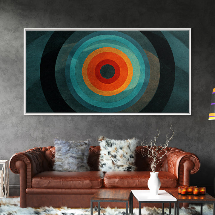 Teal Orange Geometric Bullseye Canvas Print, Midcentury Modern Wall Art, Abstract Circle Poster, Masculine Office Decor Print