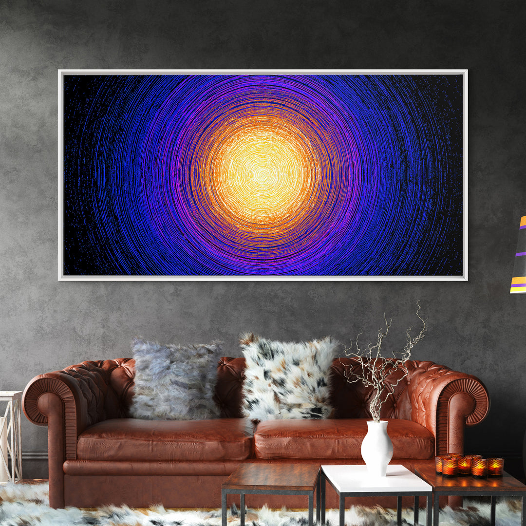 Golden Sun Blue Vortex Canvas Print, Cosmic Abstract Wall Art, Modern Retro Poster, Vibrant Space Decor For Living Room Or Office