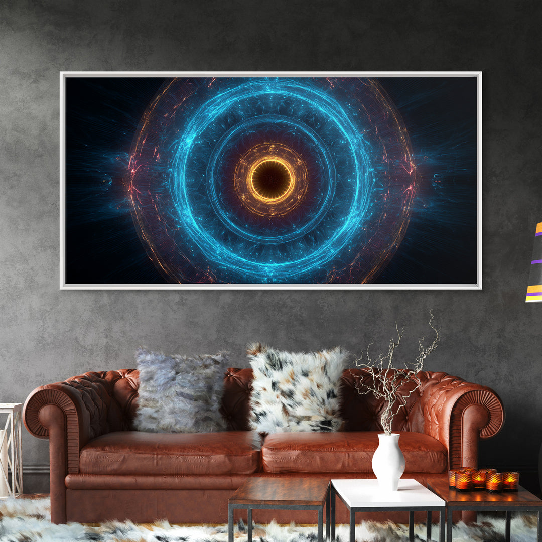 Electric Blue Orbital Ring Wall Art, Futuristic Sci Fi Abstract Canvas, Modern Geometric Space Decor For Living Room Or Office