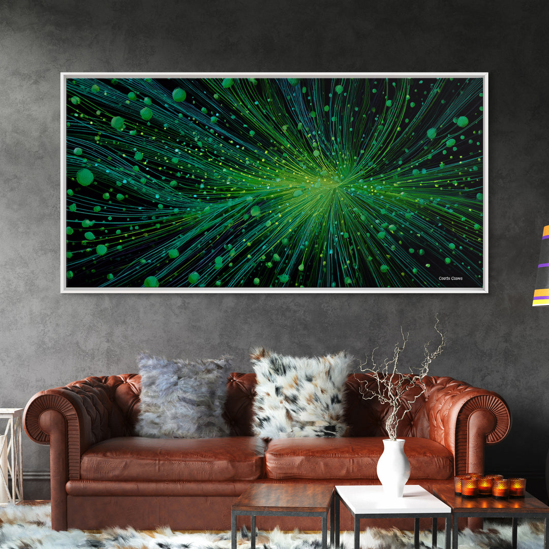 Green Particle Burst Canvas Print, Abstract Energy Lines Wall Art, Modern Digital Artwork, Sci Fi Poster For Home Office Decor