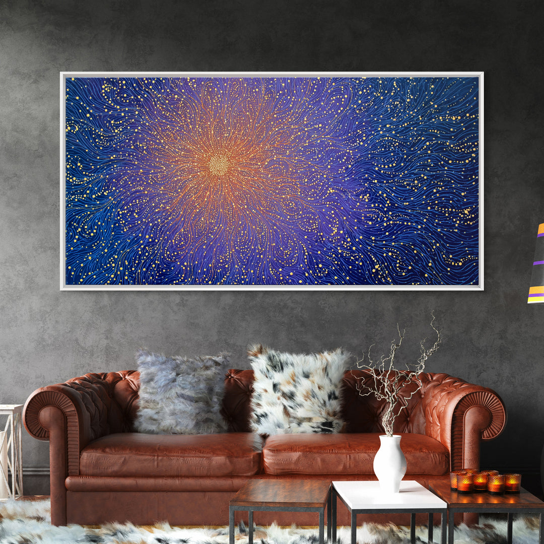 Golden Starburst Blue Wave Wall Art, Cosmic Abstract Digital Print, Modern Wall Decor, Vibrant Space Poster For Living Room