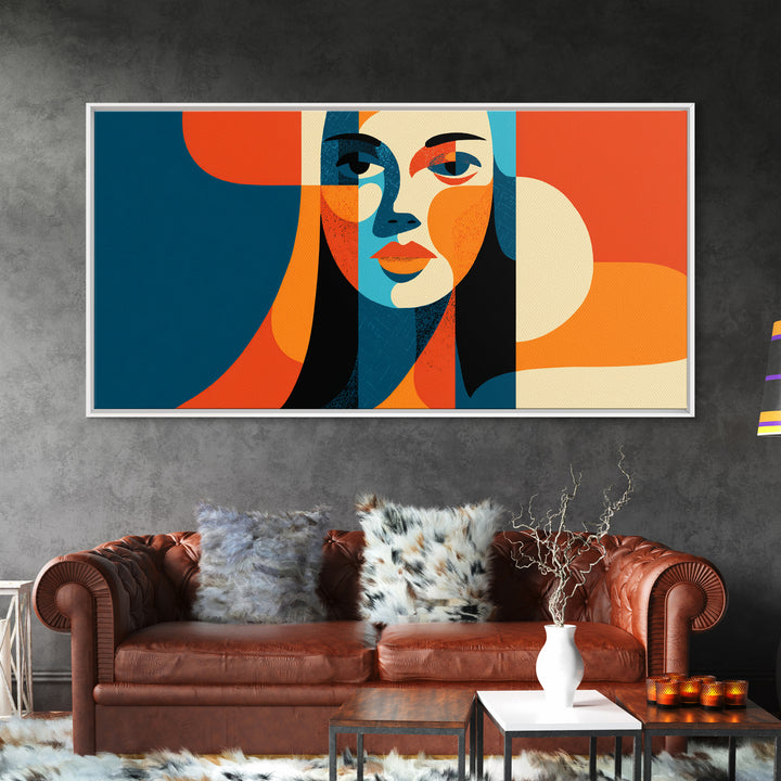 Geometric Woman Face Canvas Print, Midcentury Modern Abstract Art, Orange Teal Wall Decor, Retro MCM Home Decor Poster Gift
