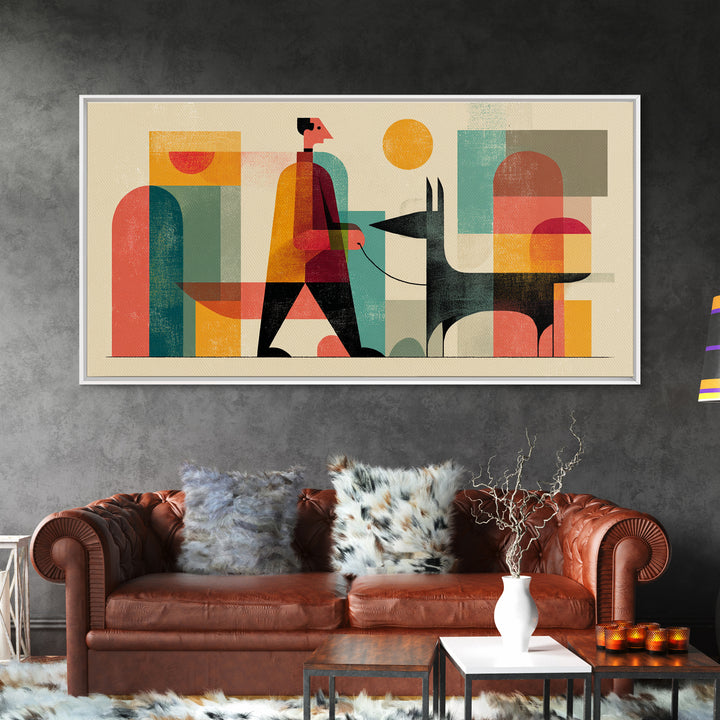 Man Walking Black Dog Wall Art, Midcentury Modern Illustration, Retro Abstract Shapes, Colorful Home Decor Canvas Print Gift