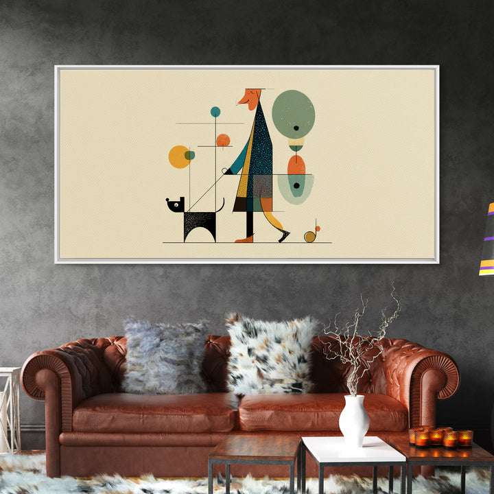 Whimsical Dog Walker Canvas Print, Midcentury Modern Minimal Art, Atomic MCM Wall Decor, Scandinavian Home Art Print Poster