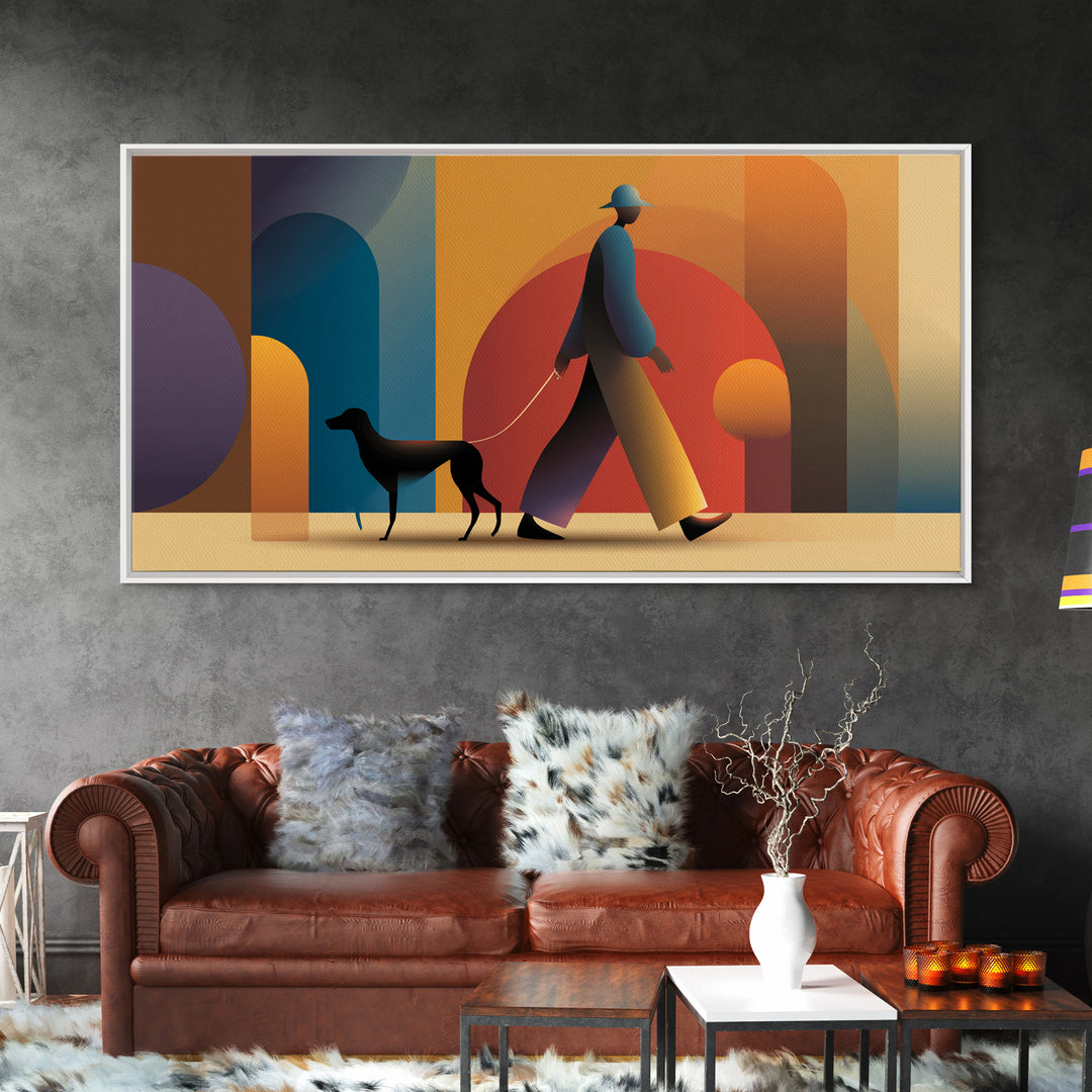 Sunset Dog Walker Framed Canvas Print, Midcentury Modern Wall Art, Retro Arches Decor, Warm Orange Living Room Print Poster