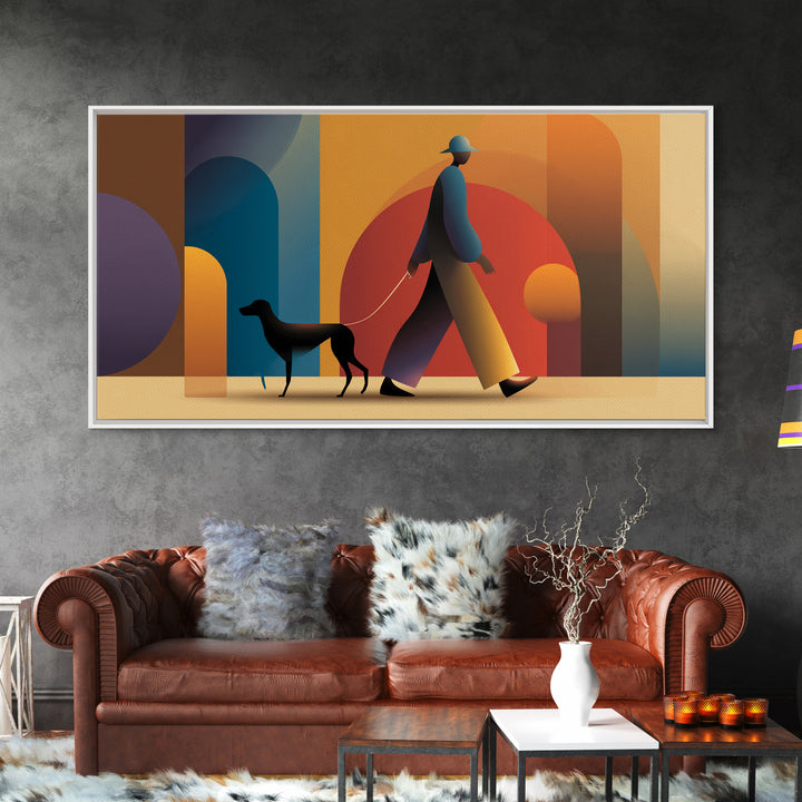 Sunset Dog Walker Framed Canvas Print, Midcentury Modern Wall Art, Retro Arches Decor, Warm Orange Living Room Print Poster