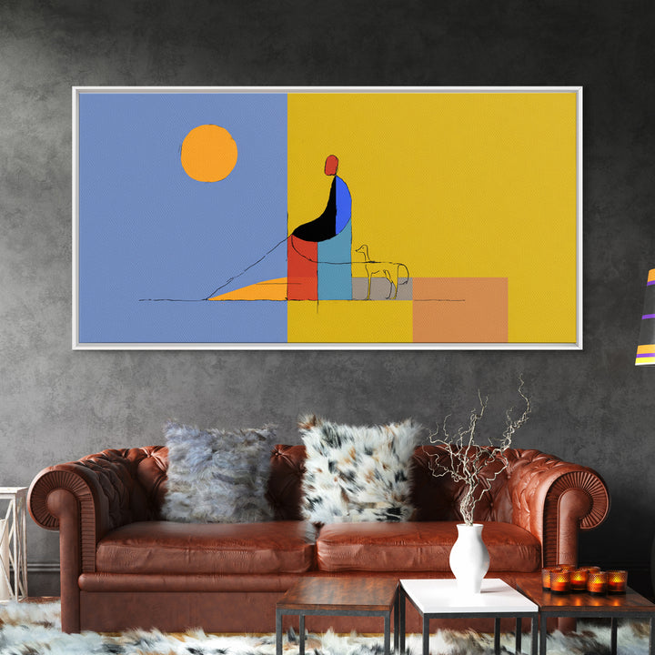 Minimal Yellow Blue Dog Walker Wall Art, Midcentury Modern Abstract Print, Scandinavian Decor, Geometric Home Art Poster