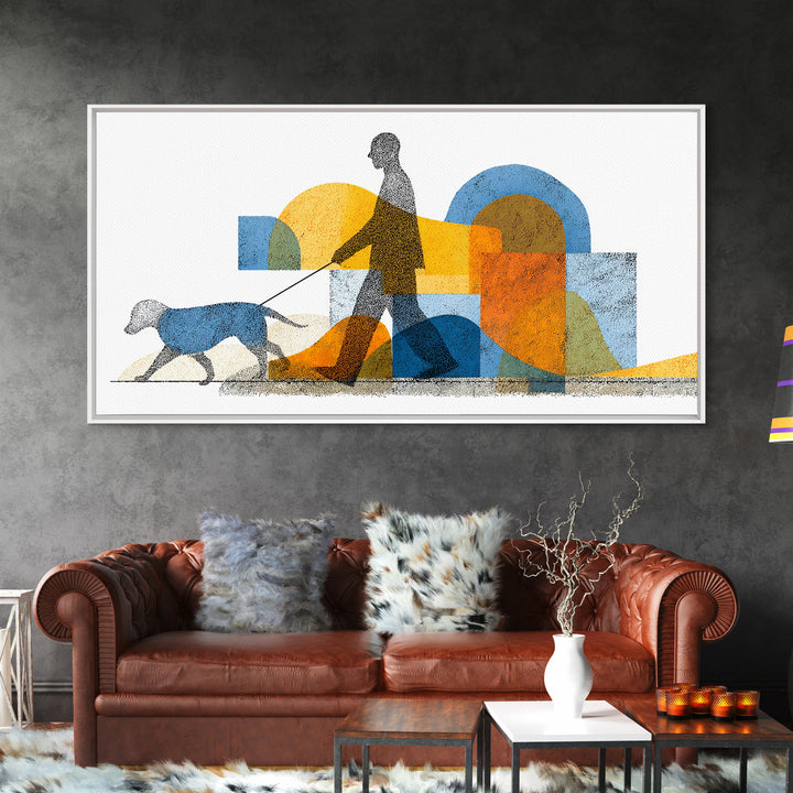Silhouette Dog Walker Canvas Print, Midcentury Modern Wall Art, Blue Orange Geometric Decor, Minimalist Living Room Art Poster