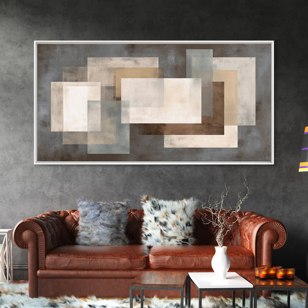 Neutral Beige Gray Layered Rectangles Framed Canvas Print, Modern Abstract Wall Art, Minimalist Living Room Home Decor Print