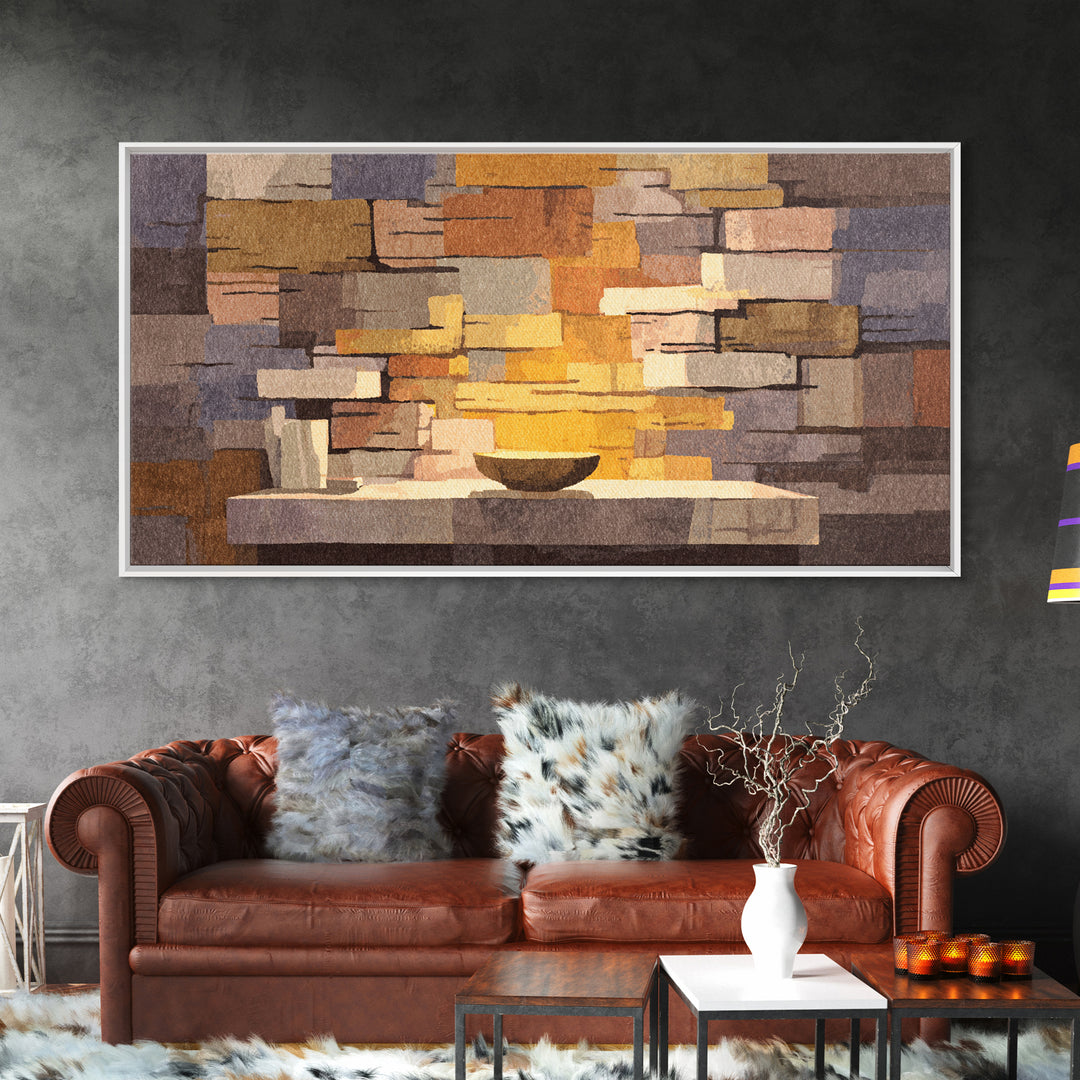 Abstract Stone Fireplace Wall Art, Midcentury Modern Home Decor, Warm Geometric Canvas Print, Cozy Living Room Artwork Poster