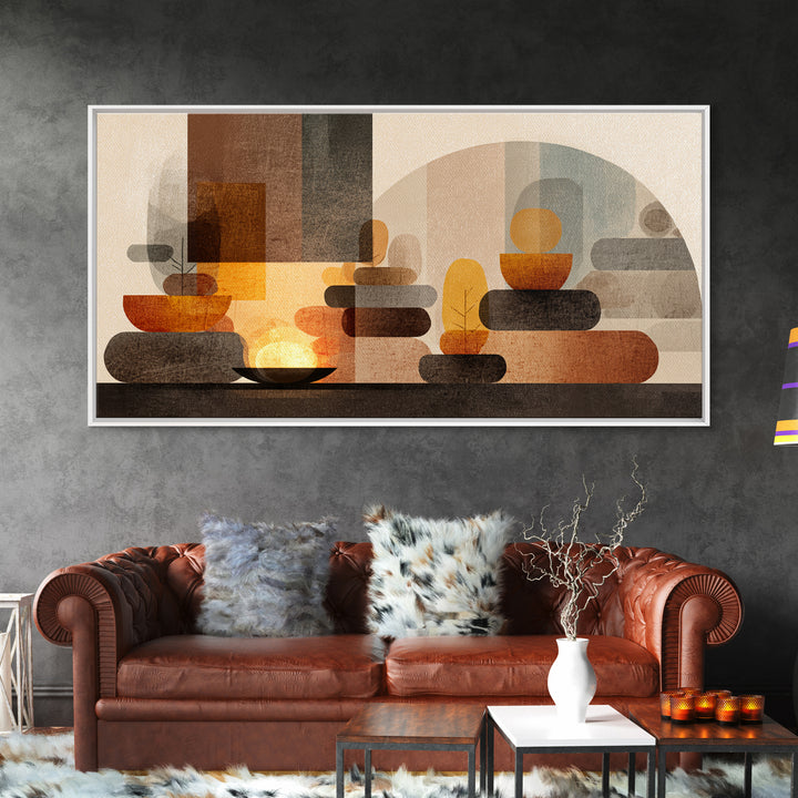 Warm Stacked Abstract Shapes With Arches, Midcentury Modern Wall Art, Earth Tone Retro Decor, Large Canvas Print, Living Room Home Decor