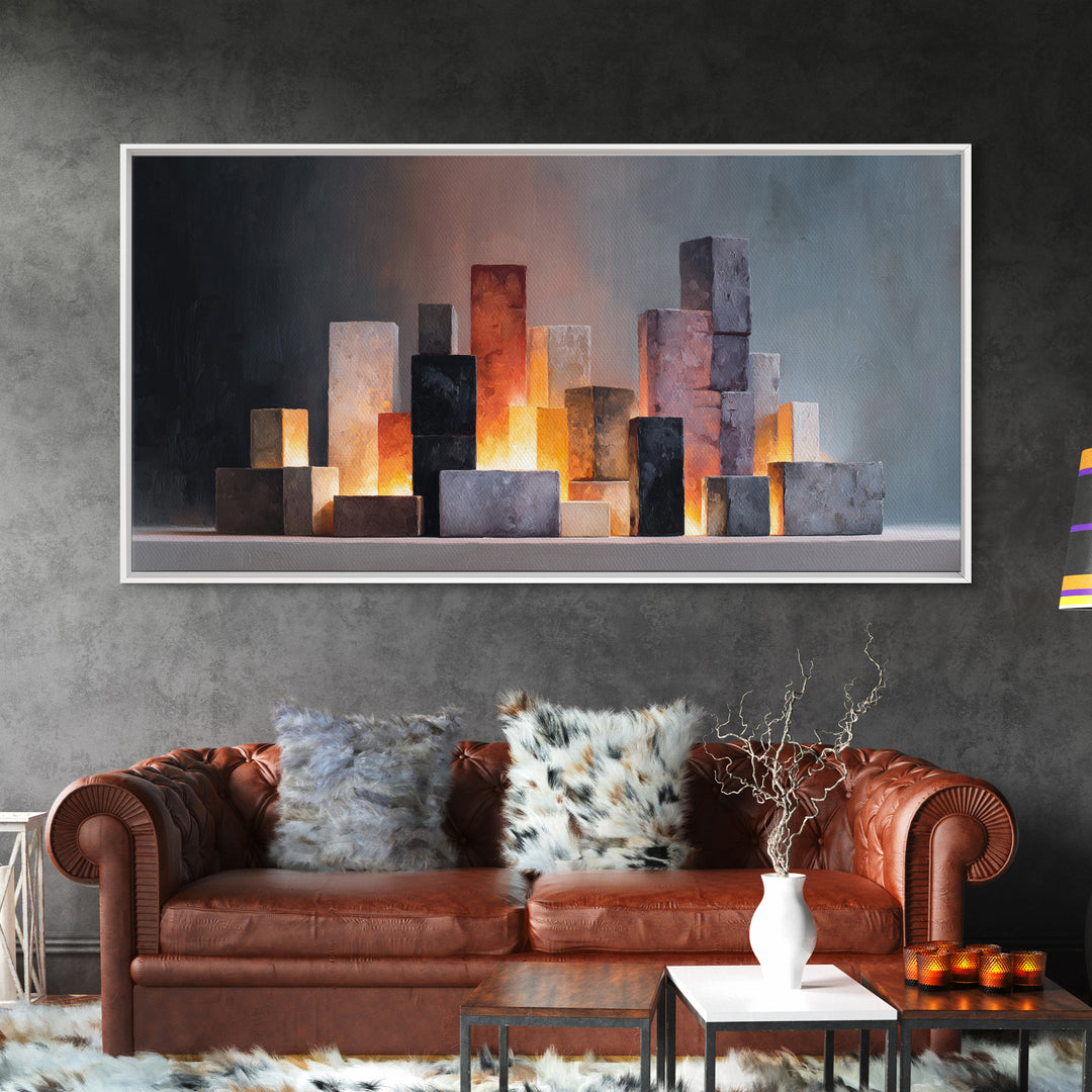 Glowing Stone Block Skyline At Dusk, Framed Canvas Print, Modern Abstract Art, Office Wall Decor, Neutral Home Decor, Living Room Art