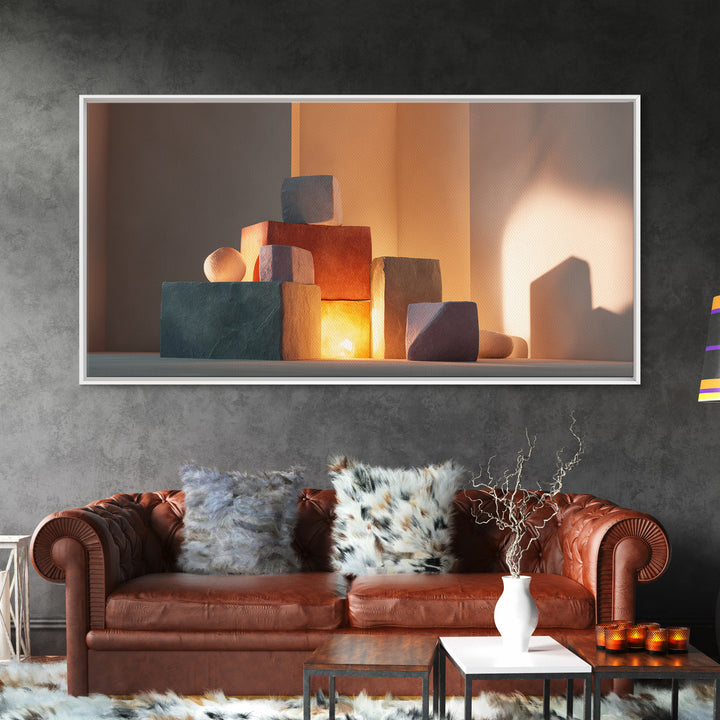 Sunlit Minimal Stone Blocks And Soft Shadows, Framed Canvas Print, Modern Wall Art, Neutral Decor, Bedroom Art Print, Home Office Decor