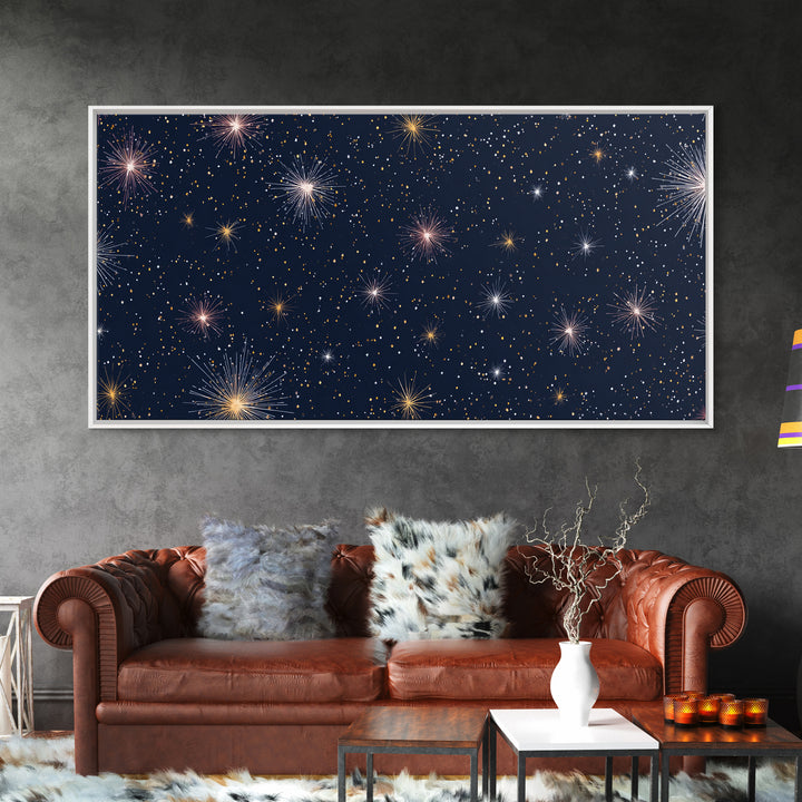Dark Navy Gold Starry Sky Wall Art, Celestial Space Abstract Print, Modern Home Decor, Cosmic Retro Poster For Bedroom Decor