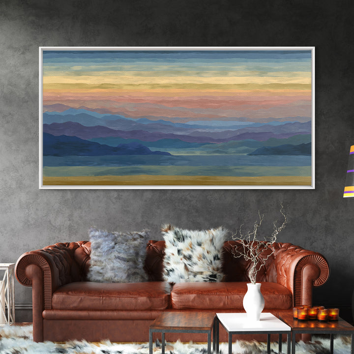 Pastel Mountain Lake Panorama Framed Canvas Print, Modern Wall Art, Scenic Nature Landscape, Bedroom And Office Decor, Home Decor