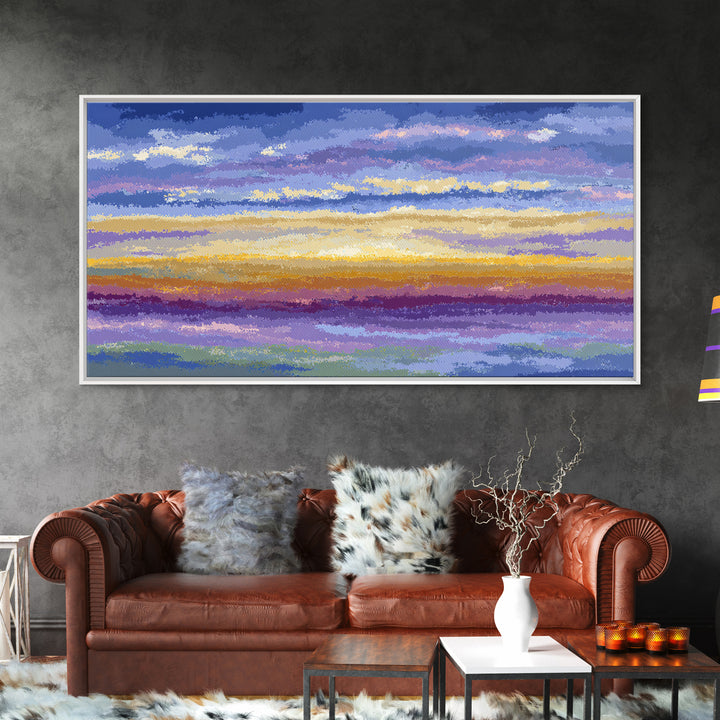 Soft Cloudy Sunset Sky Canvas Print, Pastel Blue Lavender Wall Art, Modern Nature Landscape, Calm Bedroom Decor, Office Decor