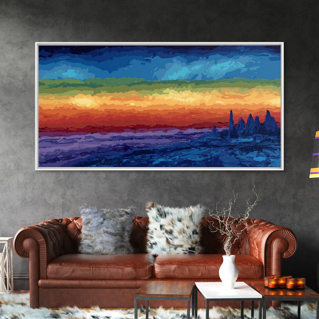 Dramatic Lake Sunset With Pine Silhouettes Framed Canvas Print, Blue Orange Landscape Wall Art, Rustic Cabin Decor, Lake House Decor
