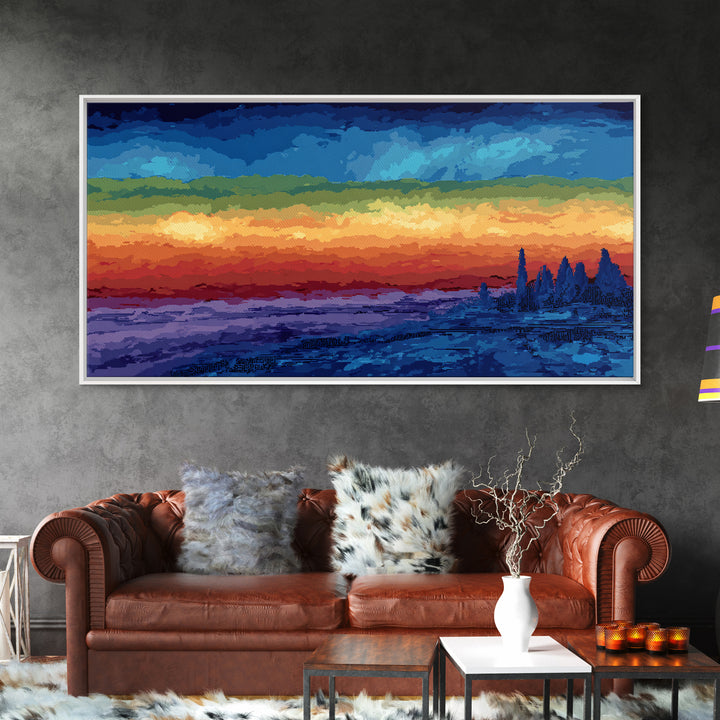 Dramatic Lake Sunset With Pine Silhouettes Framed Canvas Print, Blue Orange Landscape Wall Art, Rustic Cabin Decor, Lake House Decor